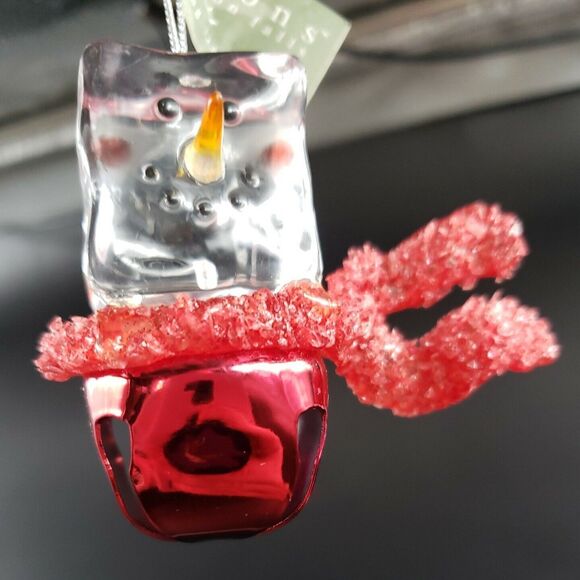 Jingle Bell Snowman Christmas Ornament Clear Acrylic Ice Cube Cannon Falls Vtg - Picture 1 of 14